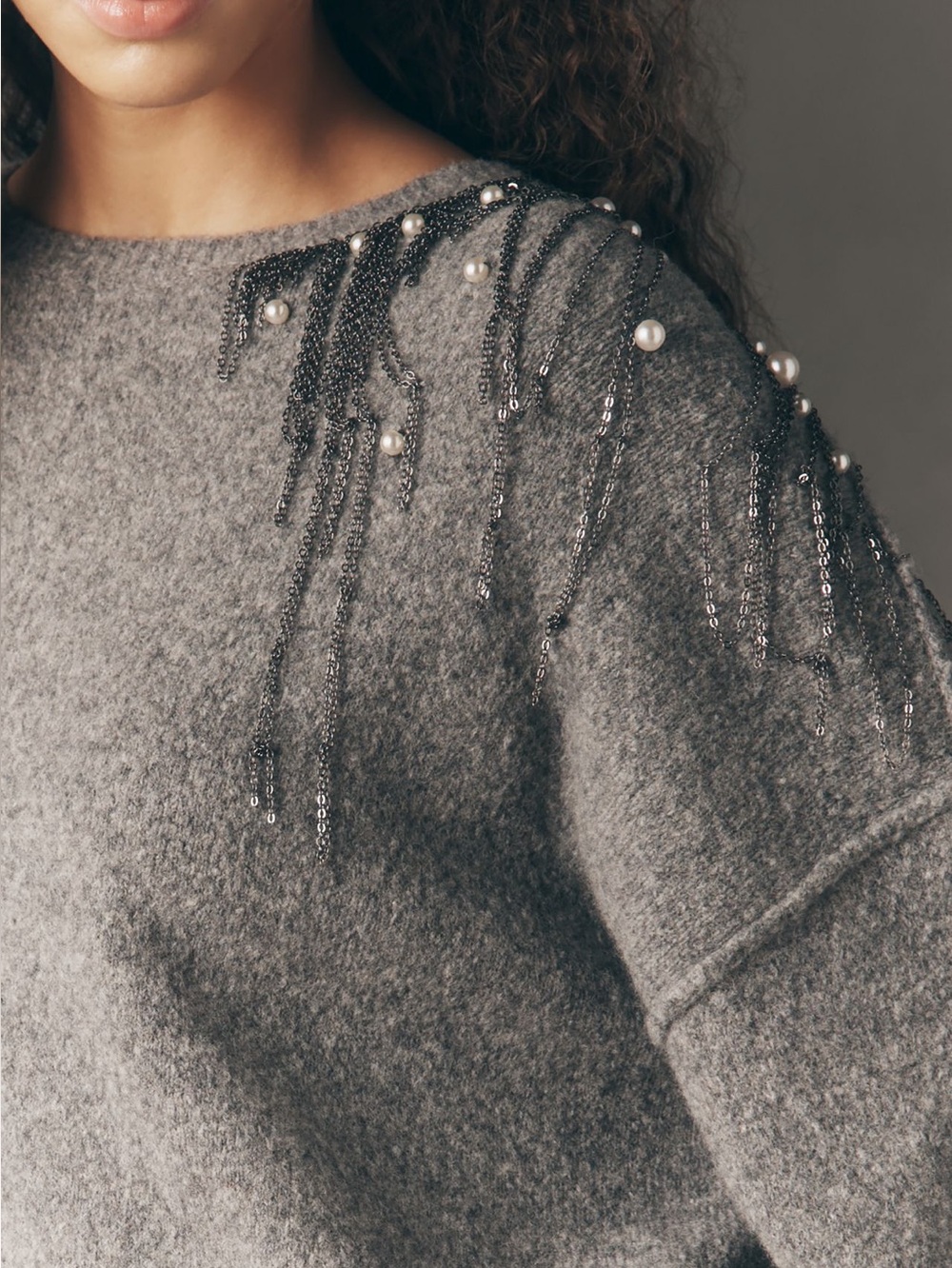 Anthropologie Beaded Embellished Sweater Pilcro Crew Neck New 1X Gray Wool Blend